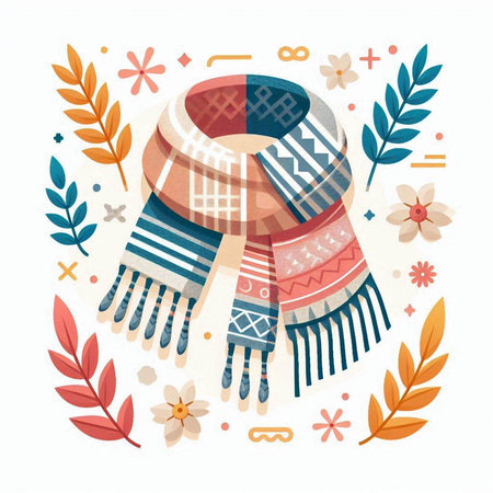 Vector illustration of warm knitted scarf with floral ornament. Winter clothing. Flat style.のイラスト素材