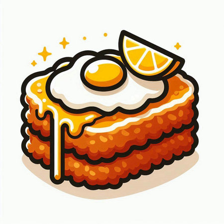 Illustration of a piece of cake with a fried egg on topのイラスト素材