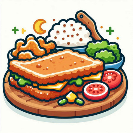 Illustration of a healthy and fast food meal on a wooden boardのイラスト素材