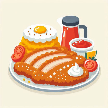 Illustration of fried chicken fillet with fried egg and tomato sauceのイラスト素材