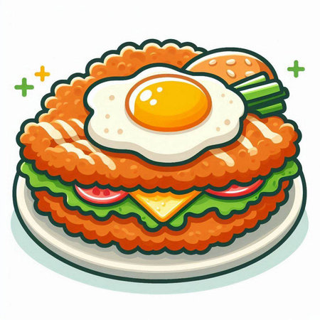 Illustration of a hamburger with fried egg on a plate.のイラスト素材