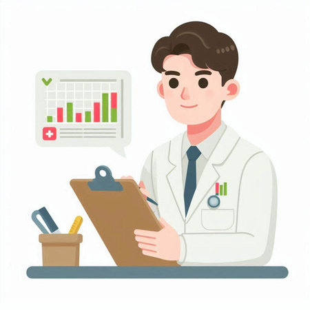 Doctor writing on clipboard. Vector illustration in flat style. Isolated on white background.のイラスト素材