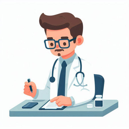 Doctor sitting at desk in office and writing prescription. Vector illustration in cartoon styleのイラスト素材