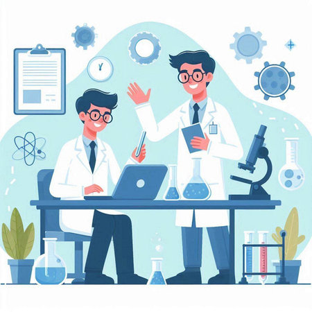 Two scientists working in the laboratory. Vector illustration in flat style.のイラスト素材