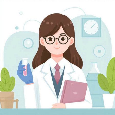 Female scientist holding test tube with blood sample in laboratory. Vector illustrationのイラスト素材