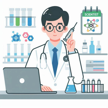 Male scientist working in laboratory with laptop. Vector illustration in flat styleのイラスト素材
