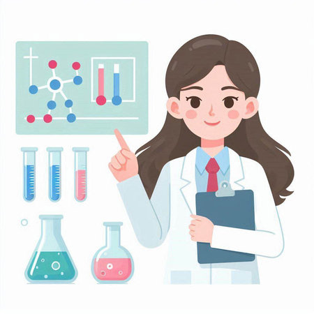Illustration of a female scientist holding a test tube and a clipboardのイラスト素材
