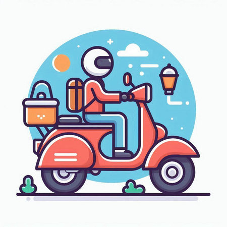 Motorcycle delivery service. Vector illustration in flat line style. Isolated on white background.のイラスト素材
