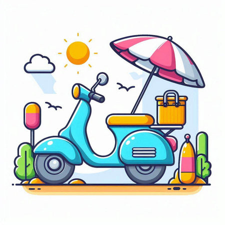 Vector illustration of blue scooter with umbrella and suitcase on white background.のイラスト素材