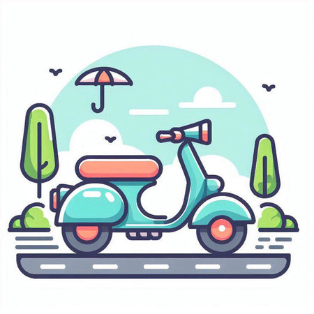 Vintage scooter on the road. Vector illustration in flat styleのイラスト素材
