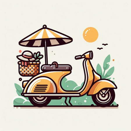 Vintage scooter with basket of flowers and umbrella. Vector illustration.のイラスト素材