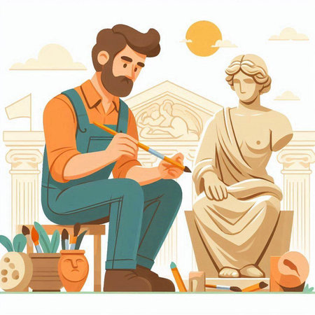 Flat vector illustration of the artist drawing a picture of the ancient Greek statueのイラスト素材