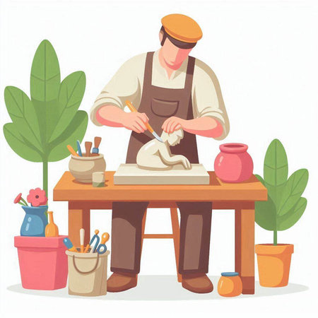 Pottery artist working with clay on table. Vector illustration in cartoon styleのイラスト素材