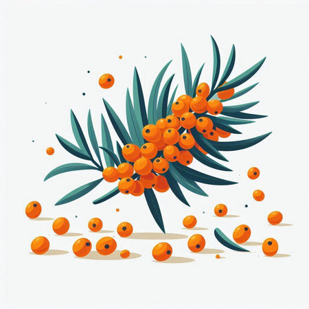 Branch of sea buckthorn berries with leaves. Vector illustration.のイラスト素材