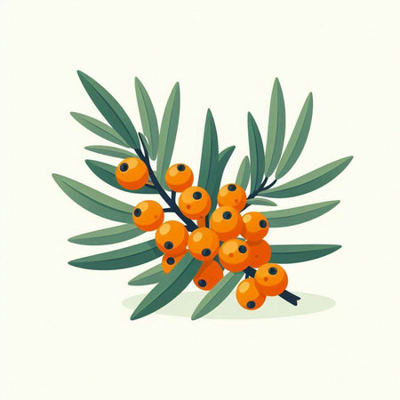 Sea buckthorn branch with berries and leaves. Vector illustration.のイラスト素材