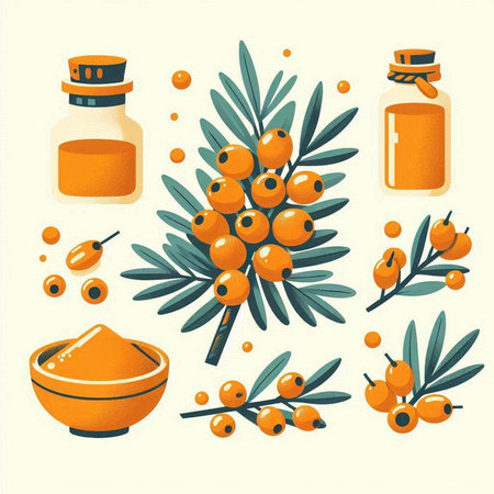 Set of sea buckthorn berries. Vector illustration in retro style.のイラスト素材