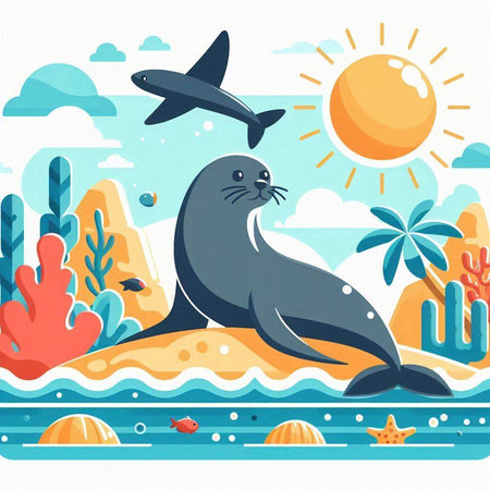 Cute seal on the island in the ocean. Vector illustration.のイラスト素材