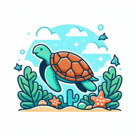 Cute cartoon turtle on the seashore. Vector illustration.のイラスト素材