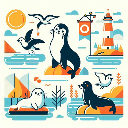 Set of sea animals. Seals, seagulls, penguins, seagulls. Vector illustrationのイラスト素材