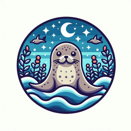 Cute seal in the circle of the sea. Vector illustration.のイラスト素材