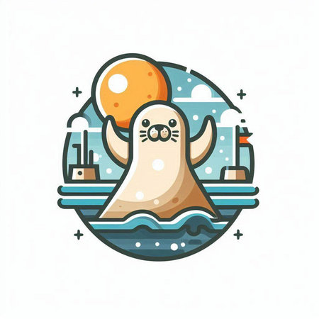Funny ghost in the sea. Vector illustration in flat style.のイラスト素材