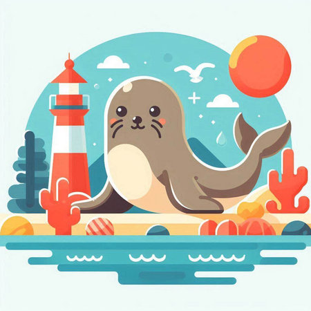 Sea lion on the seashore. Vector illustration in flat styleのイラスト素材