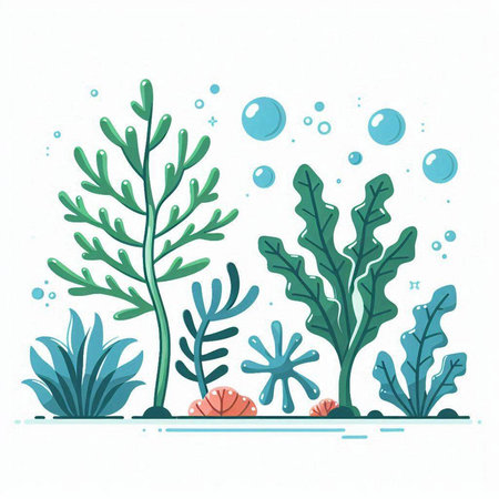 Coral reef with seaweed and bubbles. Vector illustration in flat style.のイラスト素材