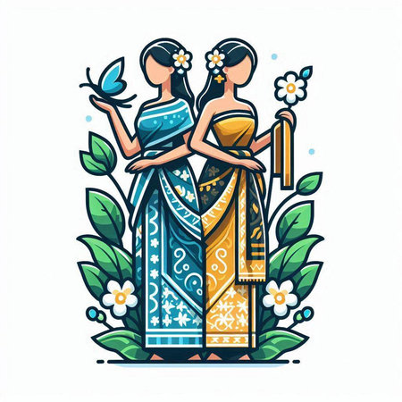 Vector illustration of two women in traditional indian clothes and flowers.のイラスト素材