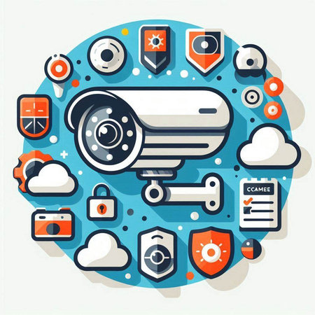 Vector illustration of security camera, cloud computing and data protection concept.のイラスト素材