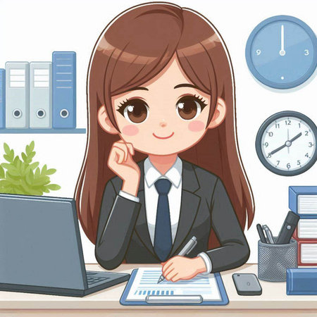 Young business woman working at her desk in the office. Vector illustration.のイラスト素材