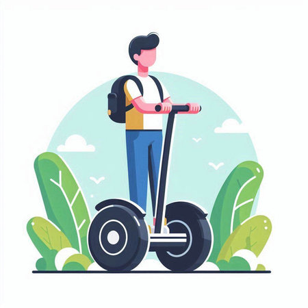 Man Riding Electric Self Balancing Electric Skateboard in Park Flat Vector Illustrationのイラスト素材