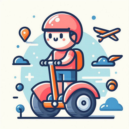 Cute boy riding scooter. Vector illustration in flat style.のイラスト素材
