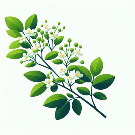 branch of jasmine flowers with green leaves on white backgroundのイラスト素材