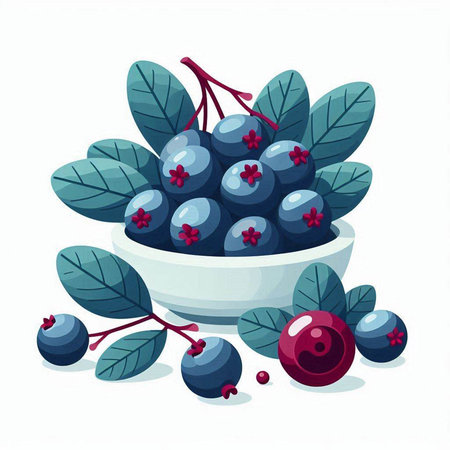 Blueberries in a bowl with leaves isolated on white background. Vector illustration.のイラスト素材