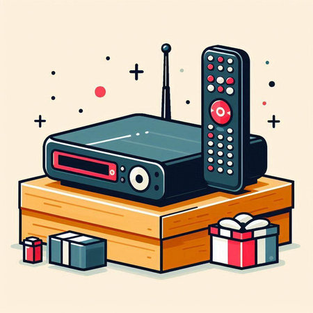 Vector illustration of a wireless router with remote control and gift box.のイラスト素材