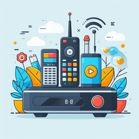 Vector illustration of modern communication technology. Smartphone, laptop, mobile phone, tv, tablet, radio. Flat style design.のイラスト素材