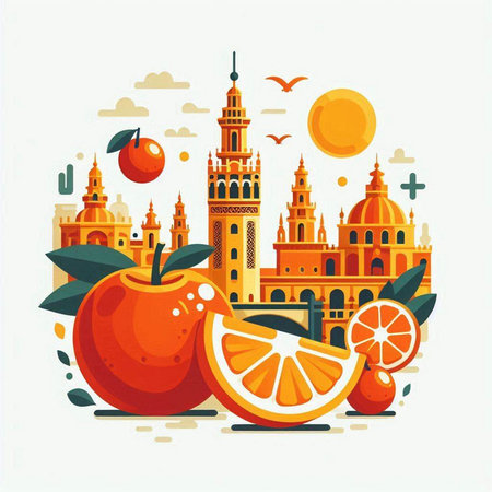 Fruit background with famous landmarks of Spain. Vector illustration in flat styleのイラスト素材