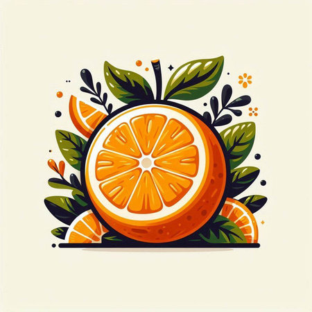 Orange fruit with leaves. Vector illustration in flat style on white background.のイラスト素材