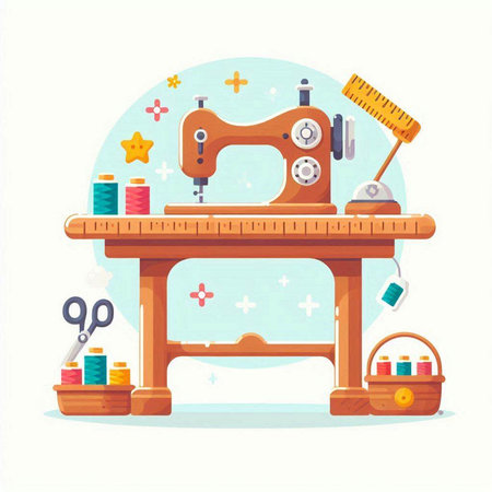 Sewing machine. Sewing accessories. Vector illustration in cartoon styleのイラスト素材