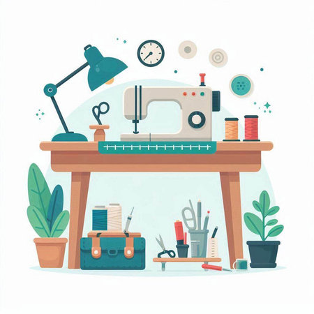 Sewing workshop concept. Sewing machine, tools and accessories. Vector illustrationのイラスト素材