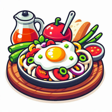 Vector illustration of a plate with fried egg and vegetables on a white backgroundのイラスト素材