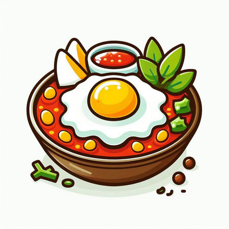 Bowl of scrambled eggs with tomato sauce and herbs. Vector illustration.のイラスト素材