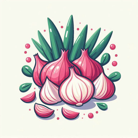 Illustration of fresh garlic with green leaves on a white background.のイラスト素材