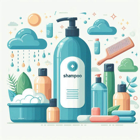 Vector illustration with shampoo, shower gel, soap, shampoo, shampoo, shower gel, shampoo bottle, shampoo foam, hairbrush, shampoo foam. Beauty and spa concept.のイラスト素材