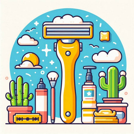 Shaving razor and accessories. Vector illustration in flat line style.のイラスト素材