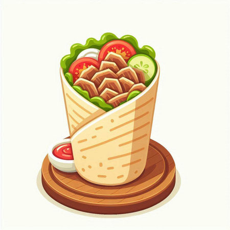 Taco with meat and vegetables on a wooden board. Vector illustration.のイラスト素材