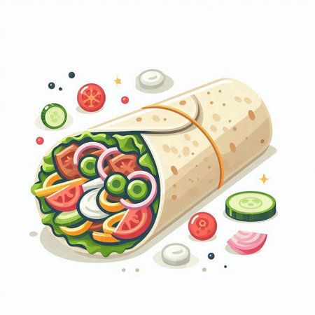 Illustration of a tortilla wrap with fresh vegetables and sauce.のイラスト素材