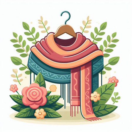 Vector illustration of a coat hanger with a scarf and flowers.のイラスト素材