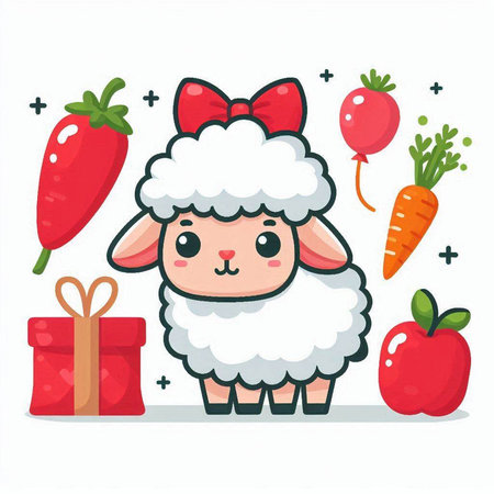 Cute sheep with red gift box and carrot. Vector illustration.のイラスト素材