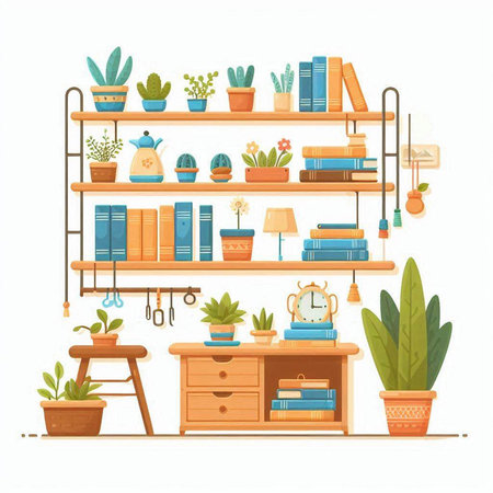 Bookshelf with books and potted plants. Vector illustration.のイラスト素材